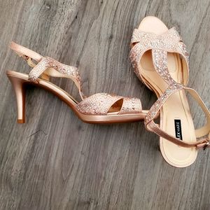 Rose Gold T-strap Metallic Shoes, Size 10